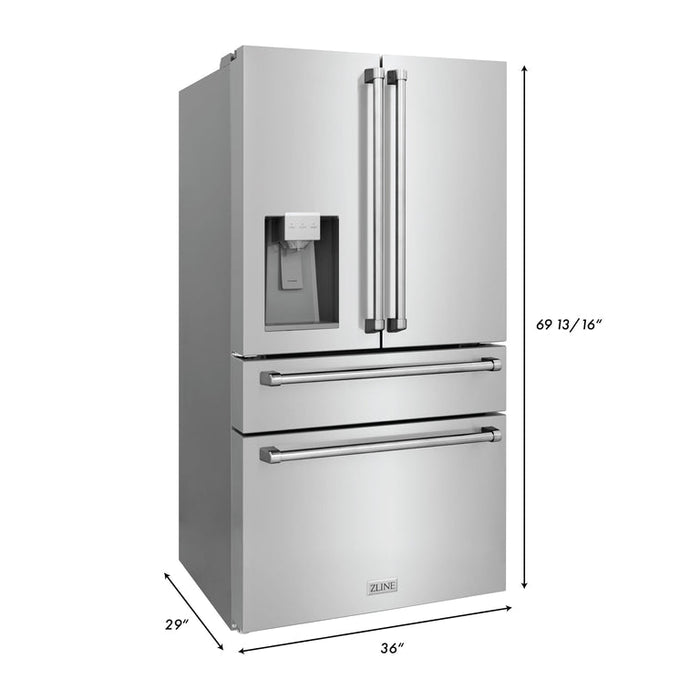 ZLINE Appliance Package - 48" Gas Range, Range Hood, Refrigerator with Water and Ice Dispenser, Dishwasher and Microwave Drawer, 5KPRW-SGRRH48-MWDWV