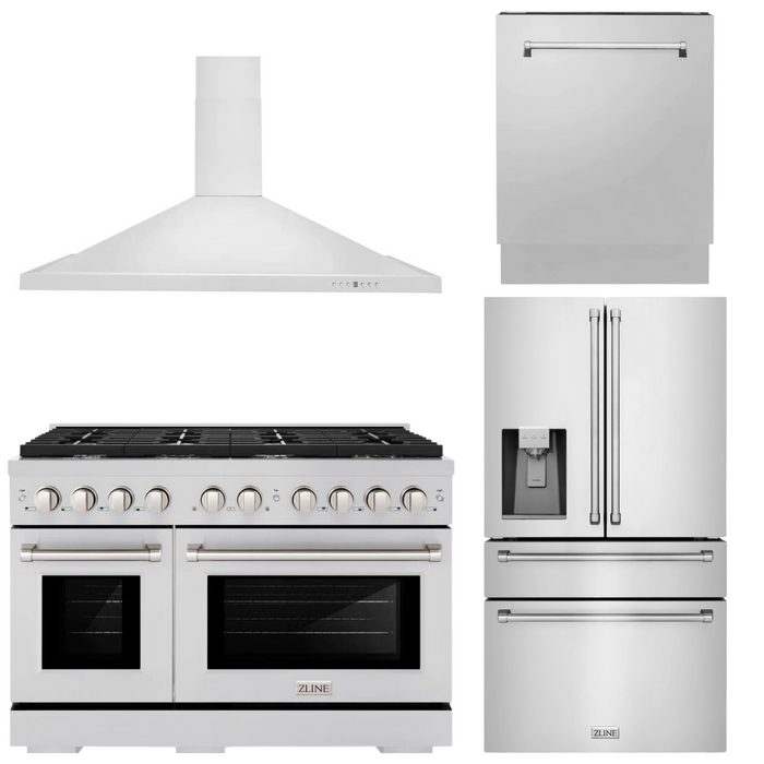 ZLINE Appliance Package - 48" Gas Range, Range Hood, Refrigerator with Water and Ice Dispenser and Dishwasher, 4KPRW-SGRRH48-DWV