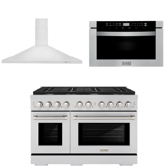 ZLINE Appliance Package - 48" Gas Range, Range Hood and Microwave Drawer, 3KP-SGRRH48-MW