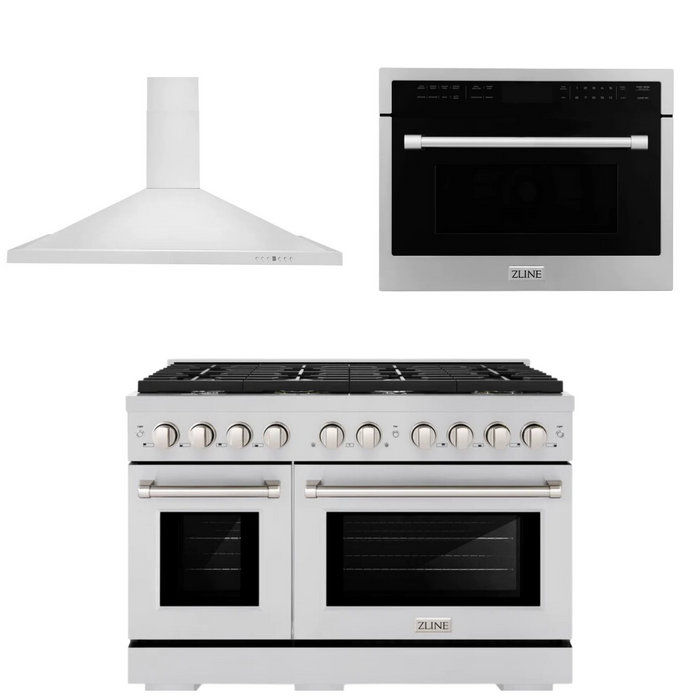 ZLINE Appliance Package - 48" Gas Range, Range Hood and Microwave Oven, 3KP-SGRRHMWO-48