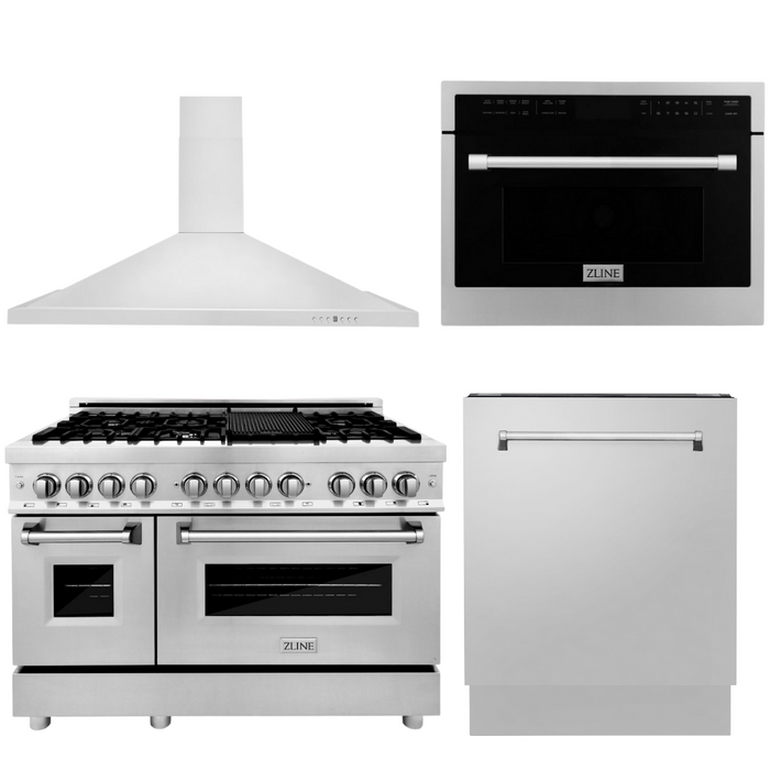 ZLINE Appliance Package - 48 In. Dual Fuel Range, Range Hood, Microwave Oven, 3 Rack Dishwasher, 4KP-RARH48-MODWV