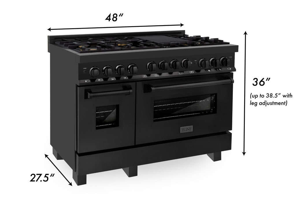 ZLINE Appliance Package - 48 In. Gas Range, Refrigerator, Range Hood, Microwave Drawer in Black Stainless Steel, 4KPR-SGRBRH48-MW