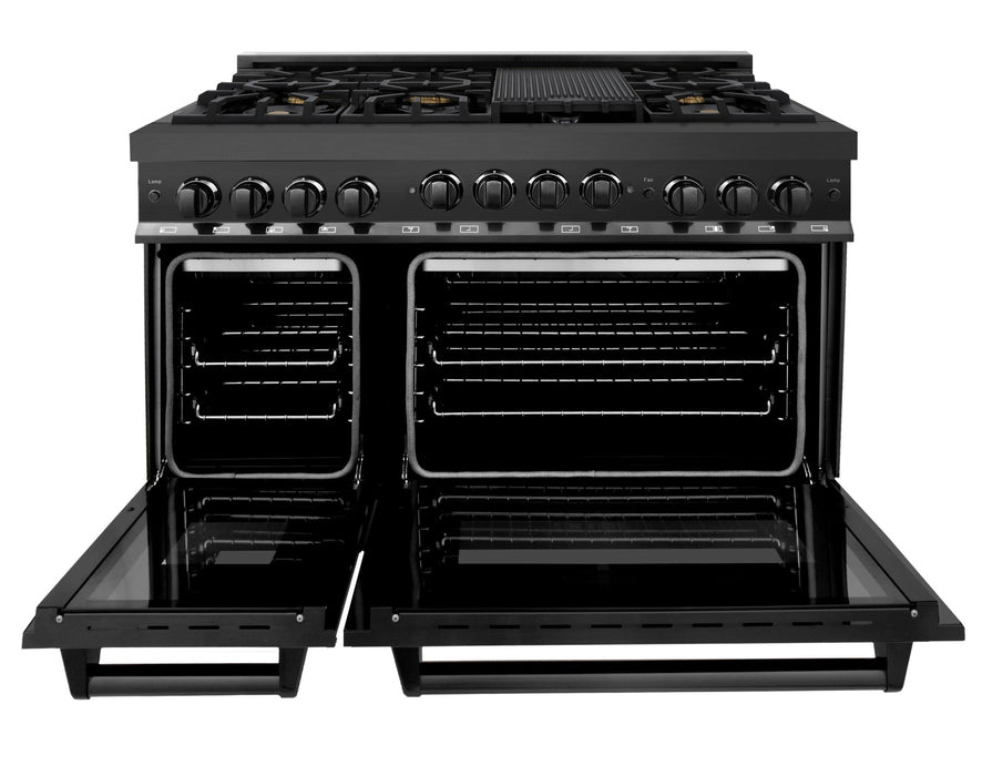 ZLINE Appliance Package - 48 In. Gas Range, Refrigerator, Range Hood, Microwave Drawer in Black Stainless Steel, 4KPR-SGRBRH48-MW