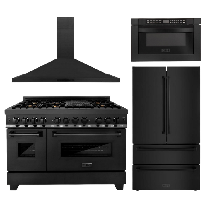 ZLINE Appliance Package - 48 in. Dual Fuel Range, Range Hood, Microwave Drawer, Refrigerator in Black Stainless, 4KPR-RABRH48-MW