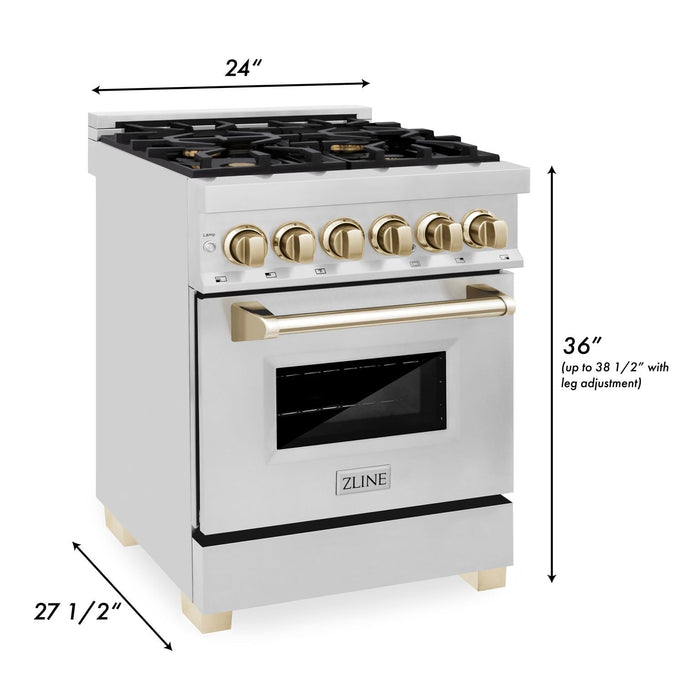 ZLINE Autograph 24" 2.8 cu. ft. Dual Fuel Range in Stainless Steel with Gold Accents, RAZ-24-G