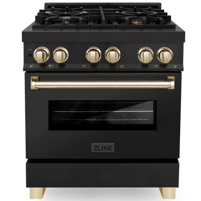 ZLINE Autograph 30" 4.0 cu. ft. Dual Fuel Range in Black Stainless Steel with Gold Accents, RABZ-30-G