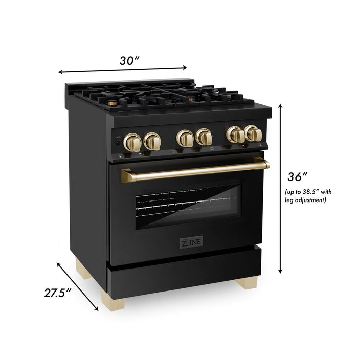 ZLINE Autograph 30" 4.0 cu. ft. Dual Fuel Range in Black Stainless Steel with Gold Accents, RABZ-30-G