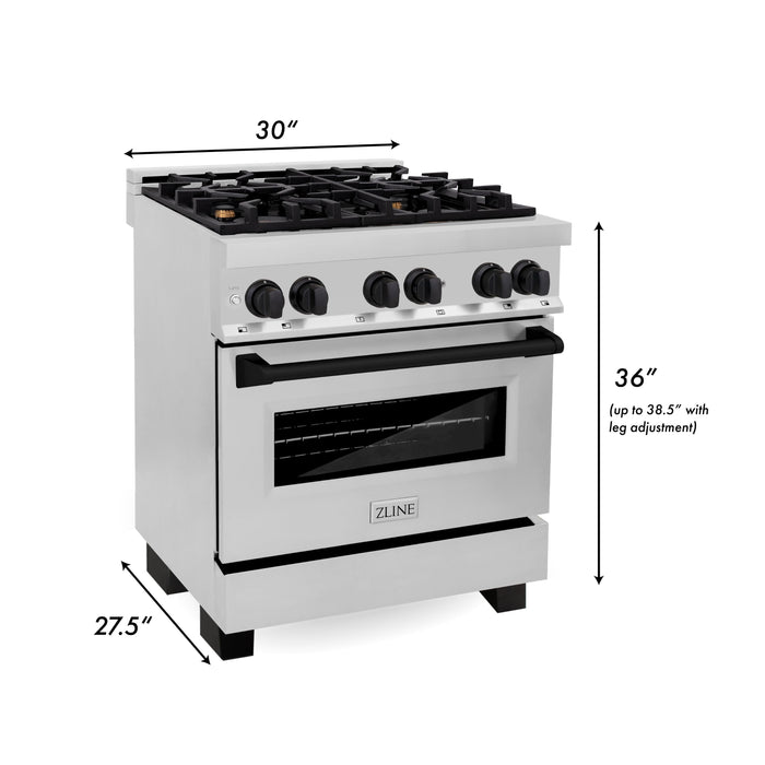 ZLINE Autograph 30" 4.0 cu. ft. Dual Fuel Range in Stainless Steel with Black Matte Accents, RAZ-30-MB