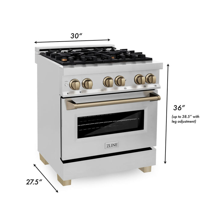 ZLINE Autograph 30" 4.0 cu. ft. Dual Fuel Range in Stainless Steel with Bronze Accents, RAZ-30-CB