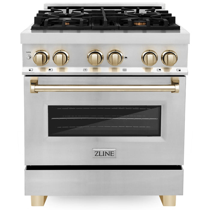 ZLINE Autograph 30" 4.0 cu. ft. Dual Fuel Range in Stainless Steel with Gold Accents, RAZ-30-G