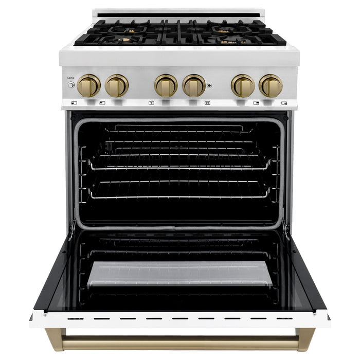 ZLINE Autograph 30" 4.0 cu. ft. Dual Fuel Range with White Matte Door and Bronze Accents, RAZ-WM-30-CB