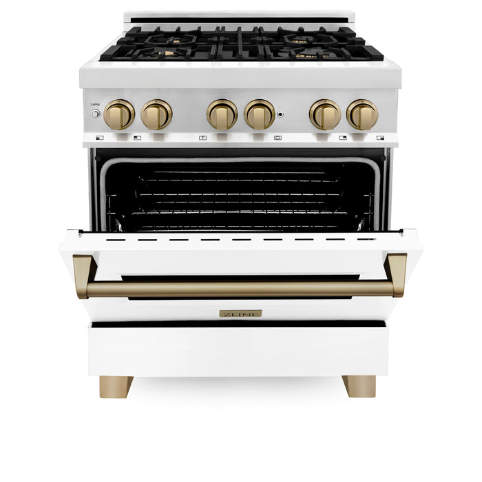 ZLINE Autograph 30" 4.0 cu. ft. Dual Fuel Range with White Matte Door and Bronze Accents, RAZ-WM-30-CB