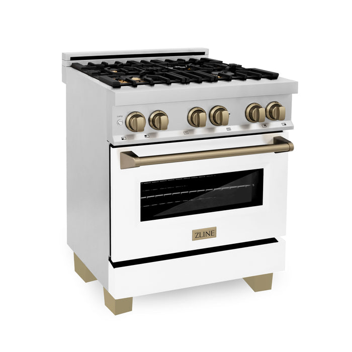 ZLINE Autograph 30" 4.0 cu. ft. Dual Fuel Range with White Matte Door and Bronze Accents, RAZ-WM-30-CB