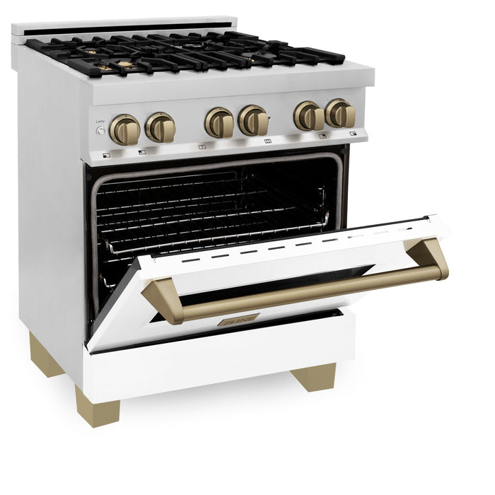 ZLINE Autograph 30" 4.0 cu. ft. Dual Fuel Range with White Matte Door and Bronze Accents, RAZ-WM-30-CB