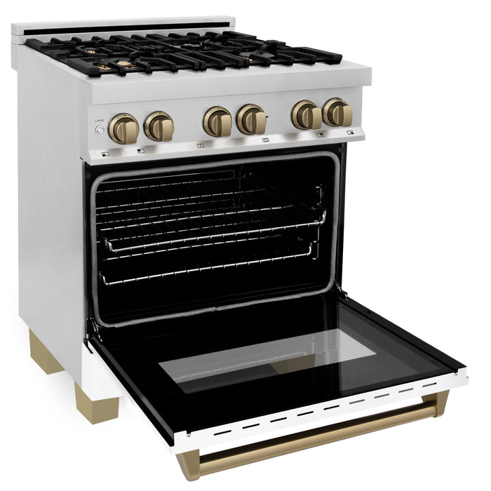 ZLINE Autograph 30" 4.0 cu. ft. Dual Fuel Range with White Matte Door and Bronze Accents, RAZ-WM-30-CB