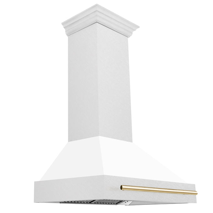 ZLINE Autograph 36 Inch DuraSnow® Stainless Steel Range Hood with White Matte Shell and Gold Handle, 8654SNZ-WM36-G