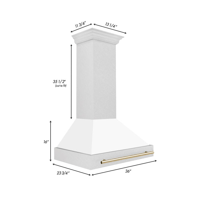 ZLINE Autograph 36 Inch DuraSnow® Stainless Steel Range Hood with White Matte Shell and Gold Handle, 8654SNZ-WM36-G