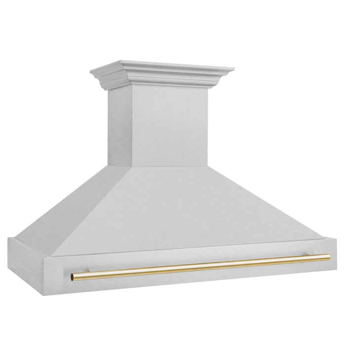 ZLINE Autograph 48 Inch DuraSnow® Stainless Steel Range Hood with DuraSnow® Shell and Gold Handle, 8654SNZ-48-G