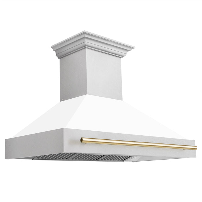 ZLINE Autograph 48 Inch DuraSnow® Stainless Steel Range Hood with White Matte Shell and Gold Handle, 8654SNZ-WM48-G