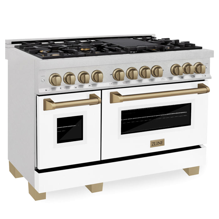 ZLINE Autograph 48 in. 6.0 cu. ft. Range, Gas Stove, Electric Oven in DuraSnow® with White Matte Door, Champagne Bronze Accents, RASZ-WM-48-CB