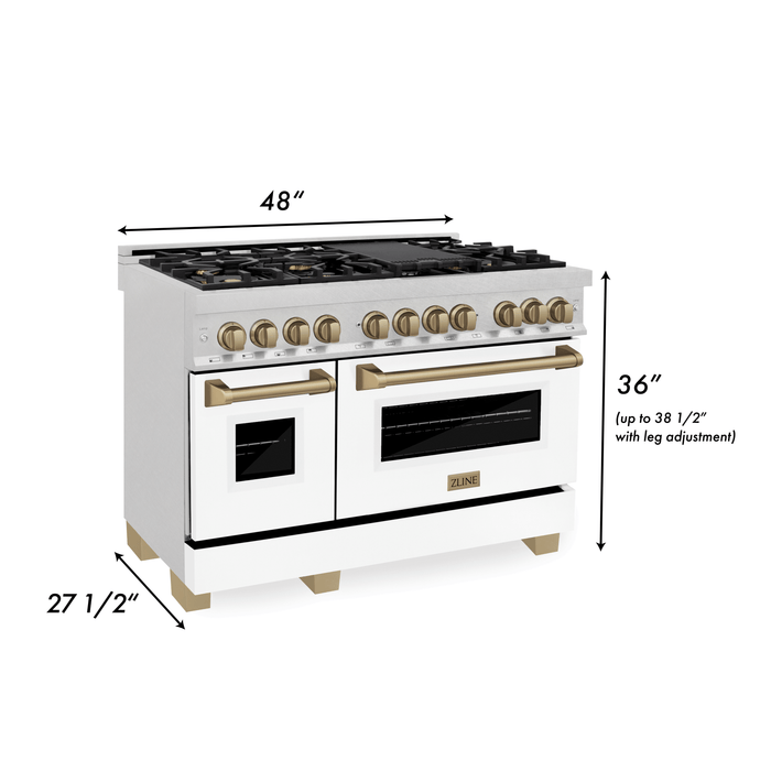 ZLINE Autograph 48 in. 6.0 cu. ft. Range, Gas Stove, Electric Oven in DuraSnow® with White Matte Door, Champagne Bronze Accents, RASZ-WM-48-CB