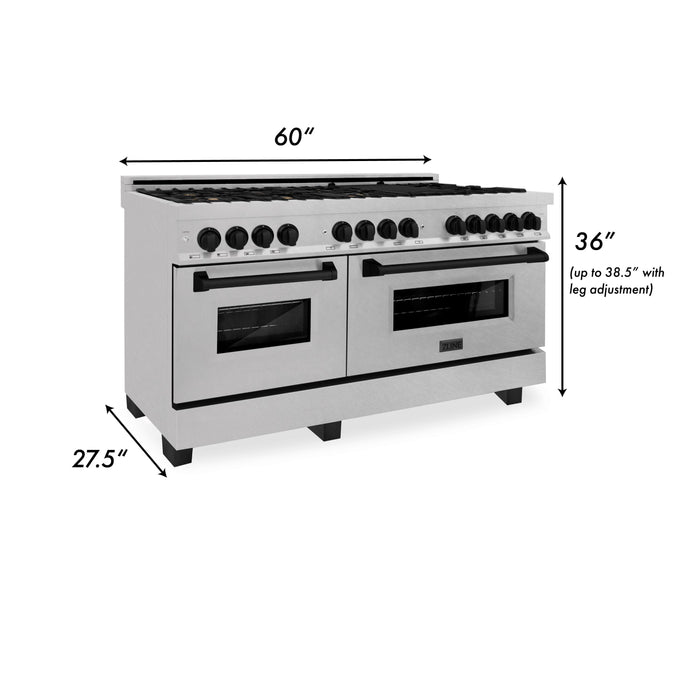 ZLINE Autograph 60 In. 7.4 cu. ft. Dual Fuel Range in DuraSnow® Stainless Steel with Matte Black Accents, RASZ-SN-60-MB