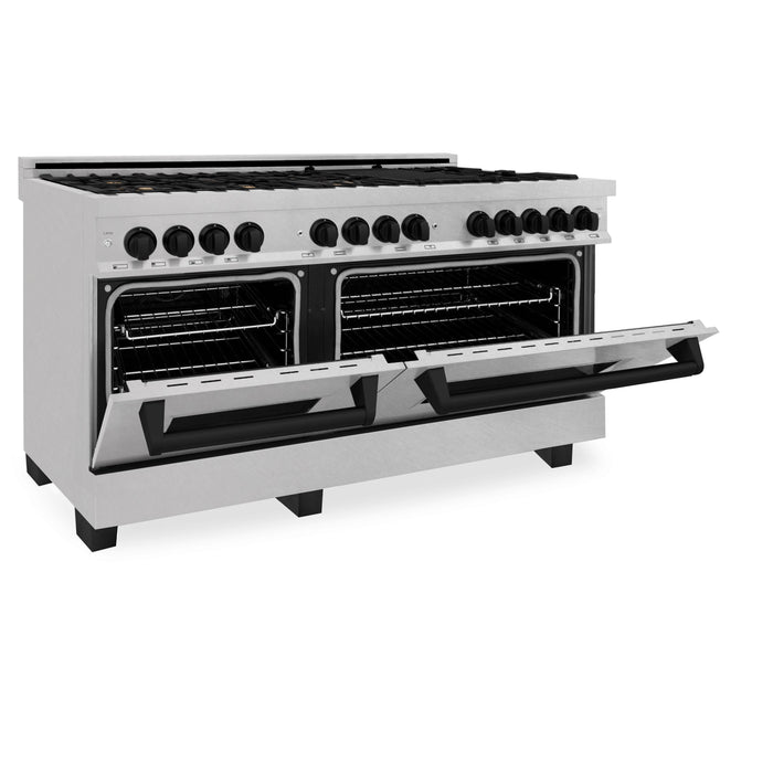 ZLINE Autograph 60 In. 7.4 cu. ft. Dual Fuel Range in DuraSnow® Stainless Steel with Matte Black Accents, RASZ-SN-60-MB