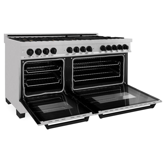 ZLINE Autograph 60 In. 7.4 cu. ft. Dual Fuel Range in DuraSnow® Stainless Steel with Matte Black Accents, RASZ-SN-60-MB