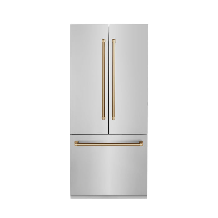 ZLINE Autograph Bronze Package - 36" Rangetop, 36" Range Hood, Dishwasher, Built-In Refrigerator, Microwave Drawer