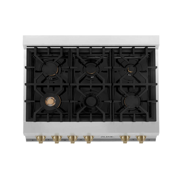 ZLINE Autograph Bronze Package - 36" Rangetop, 36" Range Hood, Dishwasher, Built-In Refrigerator, Microwave Drawer, Wall Oven