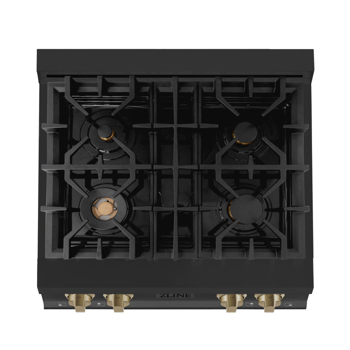 ZLINE Autograph Edition 30 In. Rangetop with 4 Gas Burners in Black Stainless Steel and Champagne Bronze Accents, RTBZ-30-CB