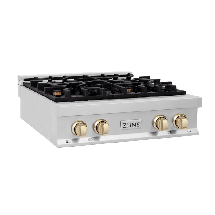 ZLINE Autograph Edition 30 in. Porcelain Rangetop with 4 Gas Burners in Stainless Steel and Gold Accents, RTZ-30-G