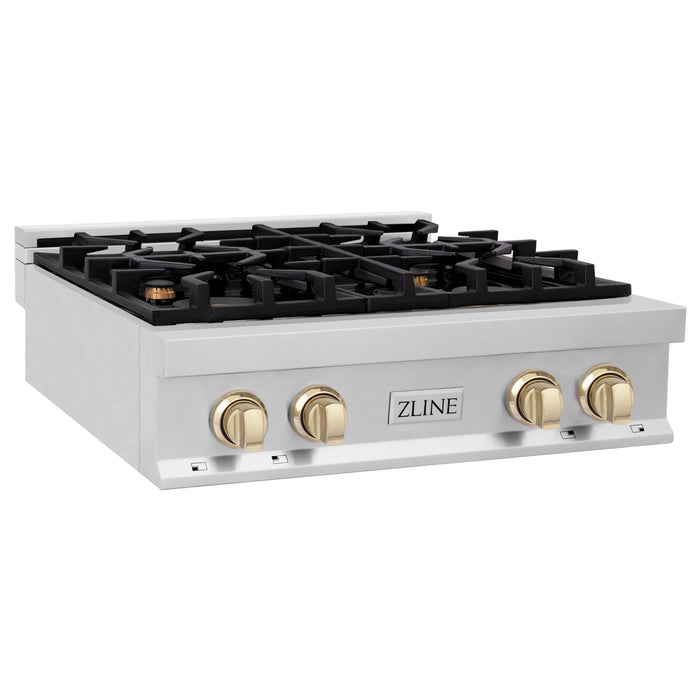 ZLINE Autograph Edition 30 in. Porcelain Rangetop with 4 Gas Burners in Stainless Steel and Gold Accents, RTZ-30-G