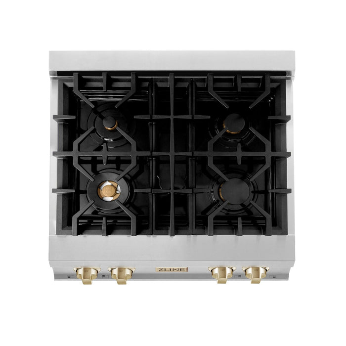 ZLINE Autograph Edition 30 in. Porcelain Rangetop with 4 Gas Burners in Stainless Steel and Gold Accents, RTZ-30-G