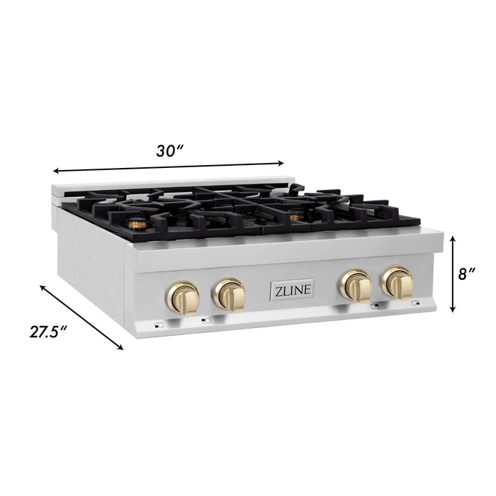 ZLINE Autograph Edition 30 in. Porcelain Rangetop with 4 Gas Burners in Stainless Steel and Gold Accents, RTZ-30-G