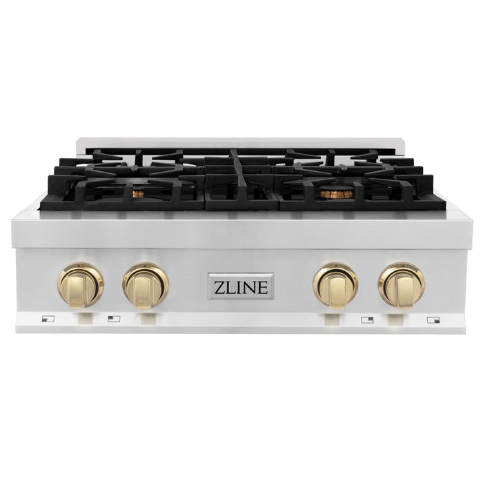 ZLINE Autograph Edition 30 in. Porcelain Rangetop with 4 Gas Burners in Stainless Steel and Gold Accents, RTZ-30-G