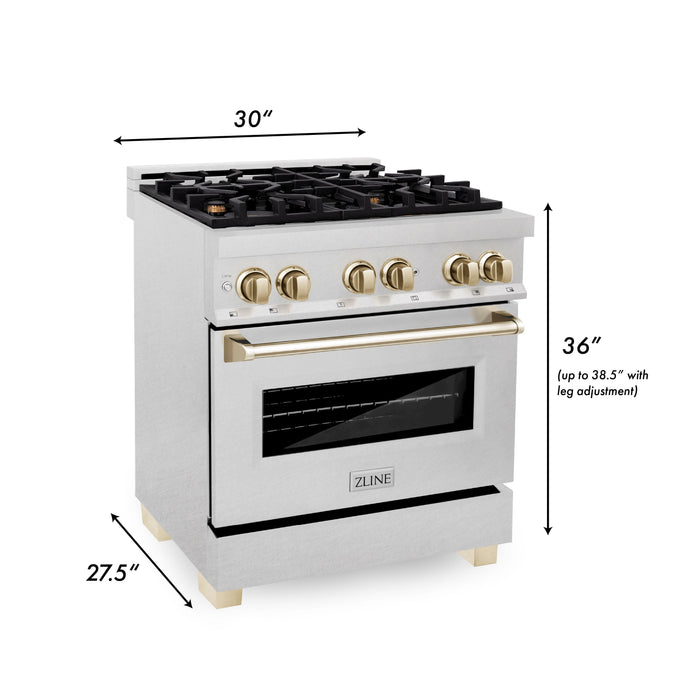 ZLINE Autograph Edition 30 in. Range with Gas Burner/Electric Oven in DuraSnow® Stainless Steel with Gold Accents, RASZ-SN-30-G