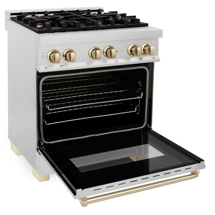 ZLINE Autograph Edition 30 in. Range with Gas Burner/Electric Oven in DuraSnow® Stainless Steel with Gold Accents, RASZ-SN-30-G