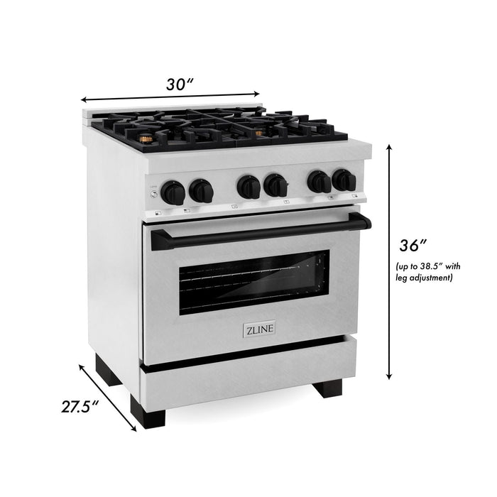 ZLINE Autograph Edition 30 in. Range with Gas Burner/Electric Oven in DuraSnow® Stainless Steel with Matte Black Accents, RASZ-SN-30-MB