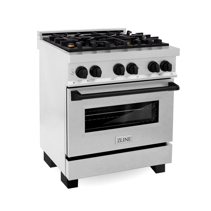 ZLINE Autograph Edition 30 in. Range with Gas Burner/Electric Oven in DuraSnow® Stainless Steel with Matte Black Accents, RASZ-SN-30-MB