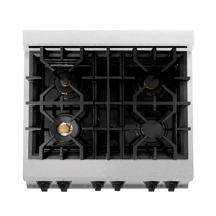 ZLINE Autograph Edition 30 in. Range with Gas Burner/Electric Oven in DuraSnow® Stainless Steel with Matte Black Accents, RASZ-SN-30-MB