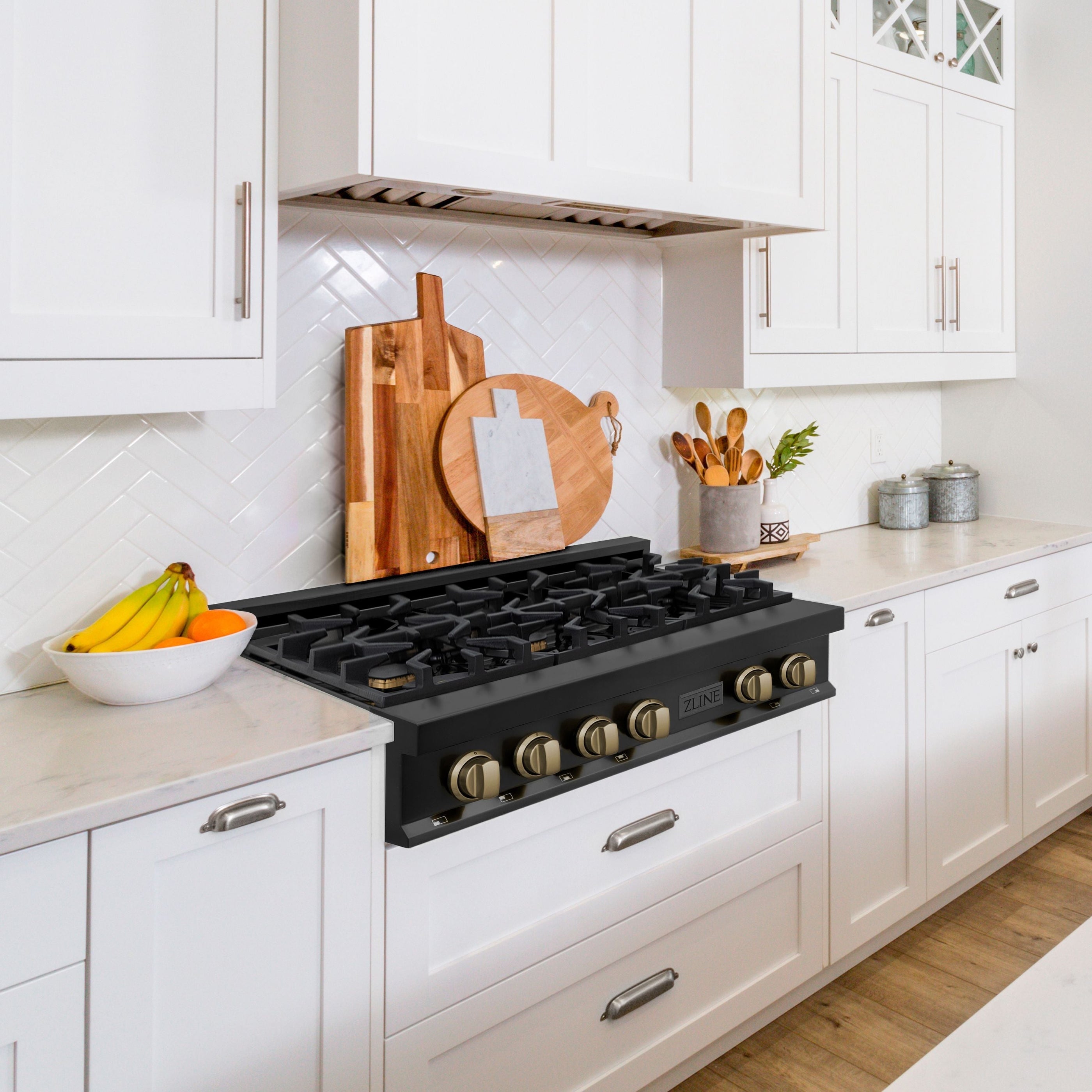Hidden Rangetop ZLINE Autograph Edition 36 Inch Gas Rangetop in Black Stainless Steel