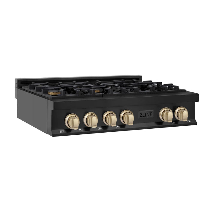 ZLINE Autograph Edition 36 Inch Porcelain Rangetop with 6 Gas Burners in Black Stainless Steel and Gold Accents, RTBZ-36-G