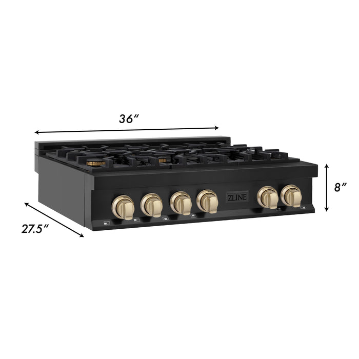 ZLINE Autograph Edition 36 Inch Porcelain Rangetop with 6 Gas Burners in Black Stainless Steel and Gold Accents, RTBZ-36-G