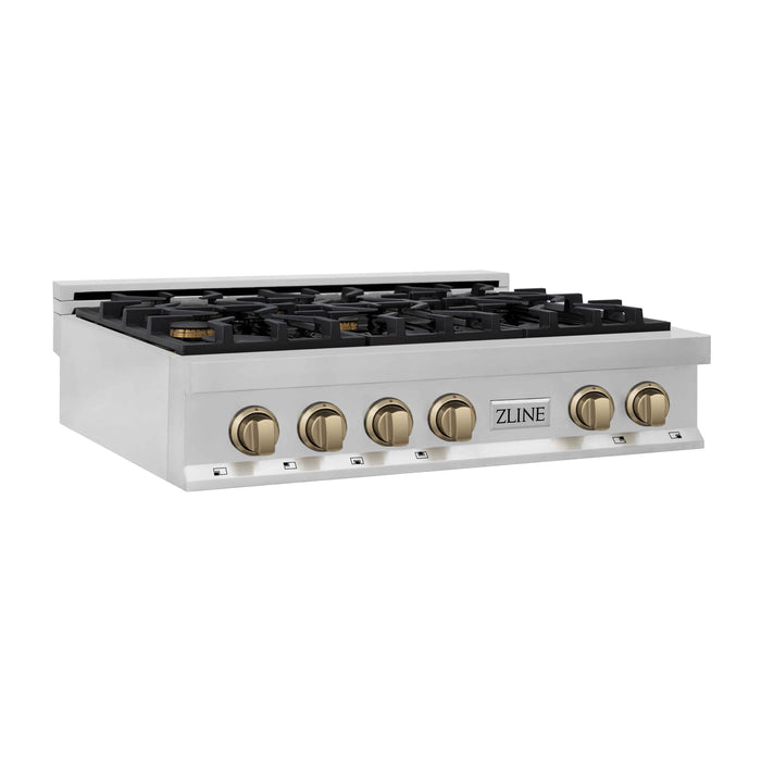 ZLINE Autograph Edition 36 Inch Porcelain Rangetop with 6 Gas Burners in Stainless Steel and Champagne Bronze Accents, RTZ-36-CB