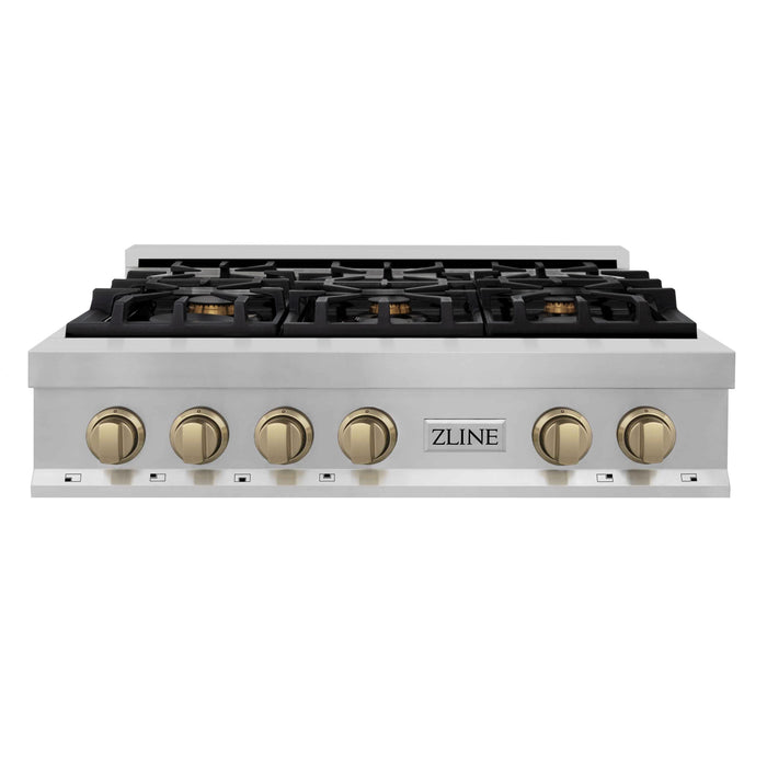 ZLINE Autograph Edition 36 Inch Porcelain Rangetop with 6 Gas Burners in Stainless Steel and Champagne Bronze Accents, RTZ-36-CB