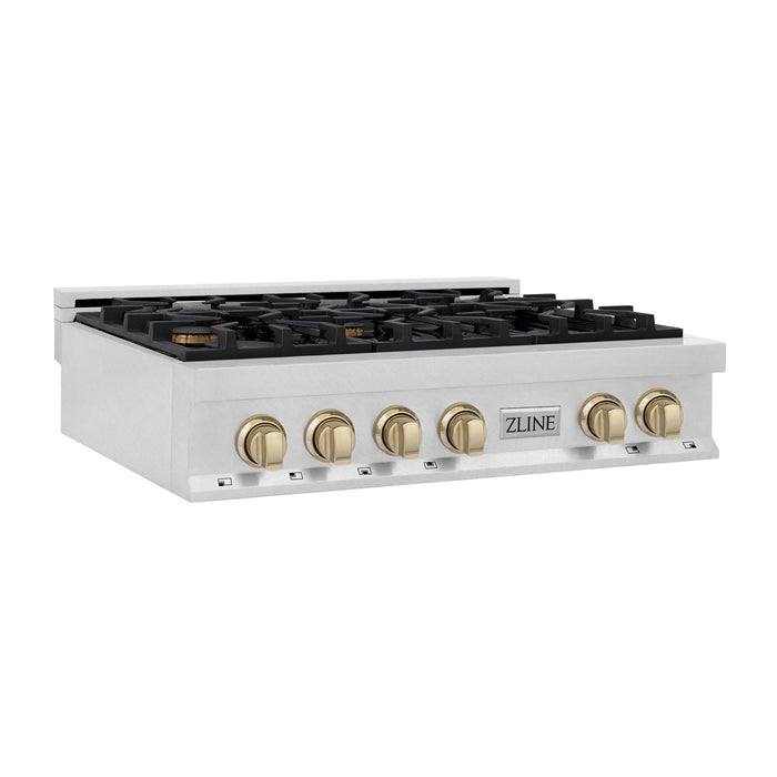 ZLINE Autograph Edition 36" Porcelain Rangetop with 6 Gas Burners in DuraSnow® Stainless Steel and Gold Accents, RTSZ-36-G