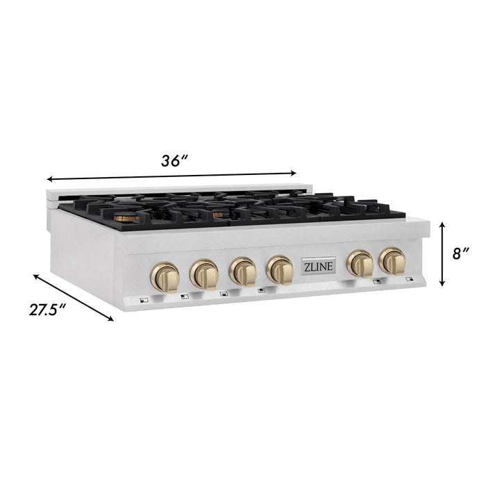 ZLINE Autograph Edition 36" Porcelain Rangetop with 6 Gas Burners in DuraSnow® Stainless Steel and Gold Accents, RTSZ-36-G