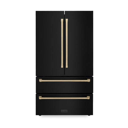 ZLINE Autograph Edition 36 in. 22.5 cu. ft 4-Door French Door Refrigerator with Ice Maker in Fingerprint Resistant Black Stainless Steel with Champagne Bronze Traditional Handles (RFMZ-36-BS-CB)