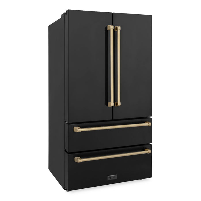 ZLINE Autograph Edition 36 in. 22.5 cu. ft 4-Door French Door Refrigerator with Ice Maker in Fingerprint Resistant Black Stainless Steel with Champagne Bronze Traditional Handles (RFMZ-36-BS-CB)